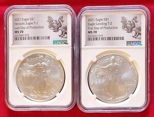 2021 Silver Eagle T1 T2 Set NGC MS70 First and Last Day of Production (072)