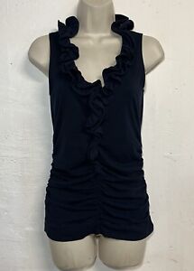 Cabi XS Style 740 Tank Top Navy Blue Ruffle Detail Ruched Stretch Sleeveless