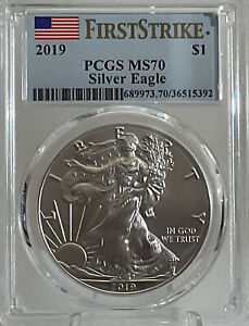 2019 SILVER EAGLE~PCGS~MS70~ First Strike~ $1 Coin~Flag/Blue Label