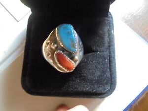Vintage Navajo Sterling silver ring with turquoise and coral size 9.5