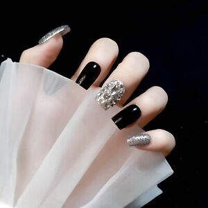 24pcs/box Reusable Black Silver Fake Nails Medium Length Fake Nail Stickers