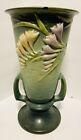 125-10 FREESIA by Roseville Pottery GREEN Flared Two Handled  Vase Purple Yellow