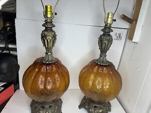 PAIR Vintage Falkenstein Mid Century Amber  Glass Globe & Brass Finish Lamps