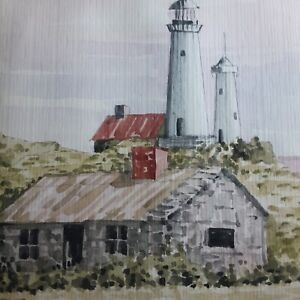 Vintage Framed and Matted Watercolor of Lighthouse, Signed