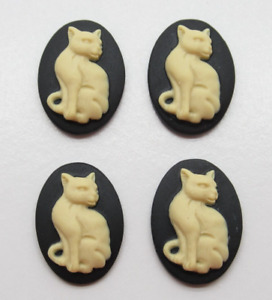 Cat Cameos - 18X13mm Oval Cabochons Ivory & Black Sitting Cats Halloween - Qty 4