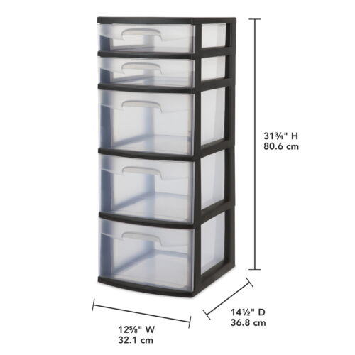 Plastic 5-Drawer Tower, Black with Clear Drawers