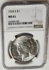 CHOICE 1924-S Peace Silver Dollar $1 NGC Certified MS61 Beautiful Coin !!!
