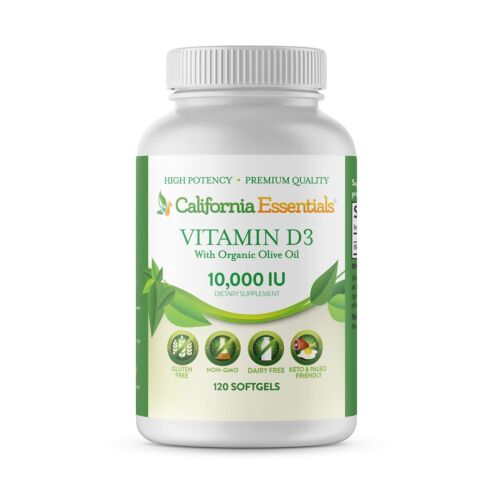 Vitamin D3 10000 IU (250mcg) Enhanced with Organic Olive Oil (120 Softgel)