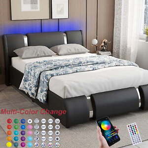 Queen Full Size LED Modern Bed Frame Upholstered Bed with Adjustable Headboard