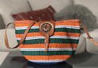 Vintage African Market Tote Bag Recycled Plastic Zippered Leather Strap