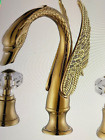 Gold brass Swan Bathroom Sink Faucet 3 Holes 2 Handle.