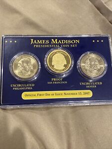 James Madison Presidential $1 Coin Set P, D, S Proof & UNC First Day Issue