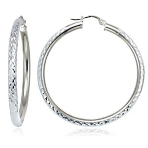 Sterling Silver 3mm Diamond Cut Round Hoop Earrings, 50mm