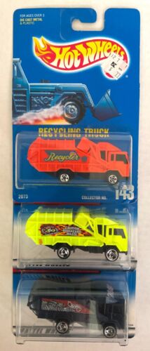 Hot Wheels RECYCLING TRUCK Lot of 3! Blue Card #143, Yellow #719 & 2001 Blue
