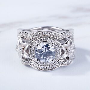 4.10 Ctw Simulated Diamond 14K White Gold Over Flower Bridal Engagement Ring Set