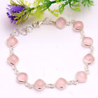 Pink Rose quartz 925 sterling silver women handmade bracelet Size 8