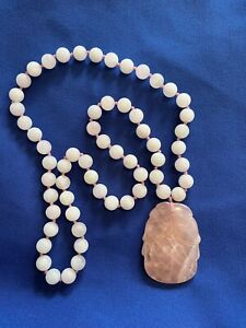 Vintage Rose Quartz Pendant Necklace Chinese Hand Knotted Beaded w/ Carved Lotus