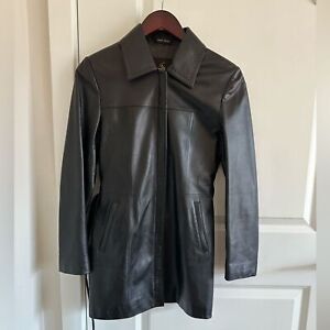 Size Medium Black Faux Vegan Leather Belted Lined Pleather Trench Coat Jacket