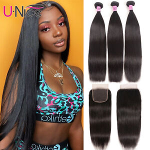 Mongolian Straight Human Hair Extension Bundles With HD Transparent Lace Closure