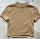 Forever 21 Women's short sleeve crop mock neck t-shirt, waffle knit, L, Beige