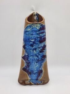 New ListingArt Pottery Wall Pocket Hand Made Blue Speckle Neutral 9.75