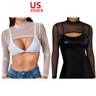 US Women Long Sleeve Shrug Mock Neck Mesh T-Shirt Sheer Crop Top Party Clubwear