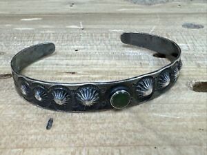Old Indian Pawn Green Stone Sterling Silver Cuff 10g Ip340