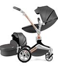 Hot Mom Rotate PU Leather Baby Stroller with Seat and Bassinet Combo,Dark Grey