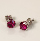 6.5mm Red Ruby 2ct Round Stud Earrings 14K White Gold Pleated 925 Silver
