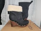 Ugg Carnegie Black Nubuck Leather Shearling Lined Wood Clog Boots Sz 10 w/ Box