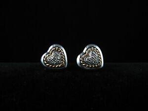 Heart Stud Earrings w Diamonds set in Sterling Silver 925 with 14K Gold Accent