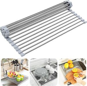 Kitchen Over the Sink Drying Rack Dish Food Drainer Stainless Steel Roll Up