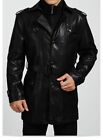 Men Black Genuine Leather Soft Lambskin Trench Coat Mid Length Overcoat Jacket