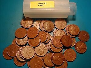 1928-D LINCOLN WHEAT CENT PENNY ROLL HIGH GRADE, all coins 
