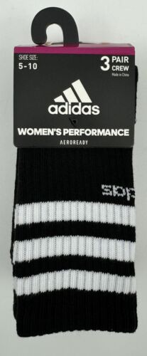 NEW adidas Performance AEROREADY Crew Socks Sz 5-10 Black Grey White 3 Prs Women