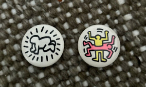 Pair of 2 Vintage 1984 Keith Haring Pinback Buttons/Pins Shafrazi Gallery Show