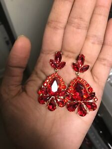 2” Red Gold Dangle Drop Rhinestone Prom Long Crystal Pageant Earrings