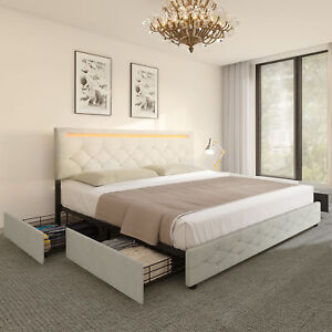 King Size Bed Frame Led w/ Adjustable Upholstered Headboard + 4 Storage Drawers