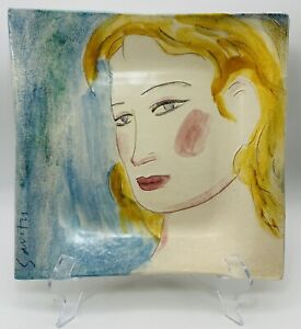 Old Hand painted & artist signed pottery Textured 10” tray girl portrait w/stand