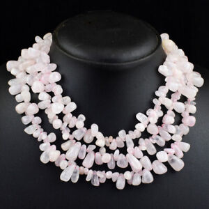 Untreated 807 Cts Natural 3 Strand Pink Rose Quartz Beads Necklace JK 26E386
