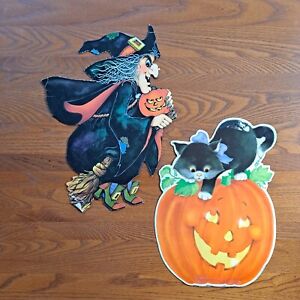 Vtg Halloween Die Cut Pumpkin Black Cat  Witch Paper Decoration Eureka Hallmark