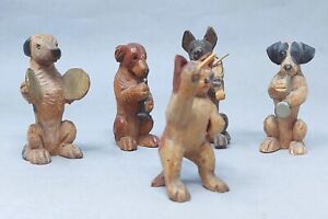 5 Vintage Hand Carved Wooden  Figures Folk Art Dog Band Cat Conductor