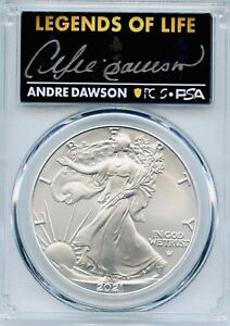 2021 SILVER EAGLE PCGS-MS70 FIRST PRODUCTION ANDRE DAWSON SIGNED T-2