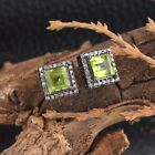 Sterling Silver Natural Diamond & Peridot Square Halo Stud Earrings for Women