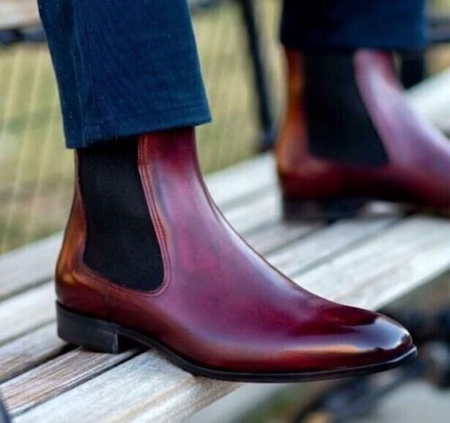Latest Men's Handmade Genuine Leather Burgundy Chelsea Ankle Boots For Men