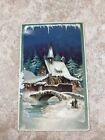 Antique HTL Christmas Postcard Country Village Church Hold To Light