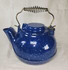 Vintage Blue Speckled Enamel Over Cast Iron Tea Pot Kettle Sliding Lid 6