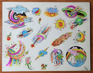 1970s 80s ORIGINAL HAND DRAWN, COLORED, Vintage Traditional Tattoo Flash Sheet 7