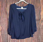 CAbi Blouse Blue Square 3/4 Sleeve Bow Neck Shirt Top #5525 Womens Size Large L