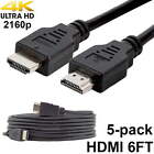 Pack of 5 Digital High-Speed 1.4 HDMI Cables PVC 2160p Black Cord (6 feet)